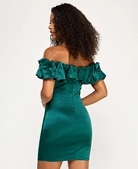 City Studios Juniors' Ruffled-Off-The-Shoulder Bodycon Shimmer Dress