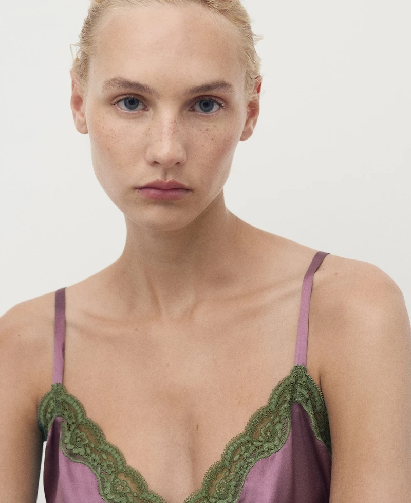 Mango Women's Contrasting Lace Silk Top