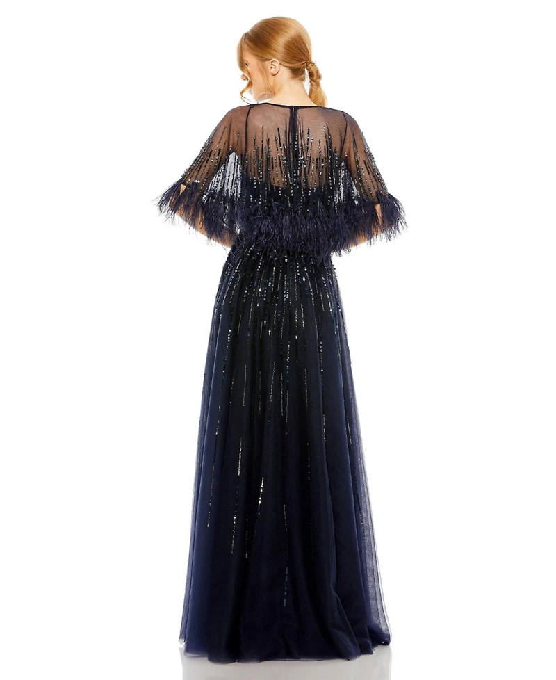 Mac Duggal Women's Embellished A Line Dress with Feather Detail Cape