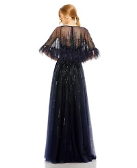 Mac Duggal Women's Embellished A Line Dress with Feather Detail Cape