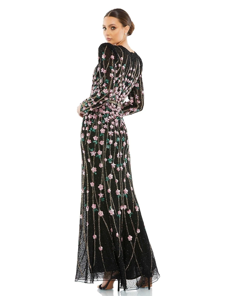 Mac Duggal Women's Floral Embellished Mesh Gown with High Neck & Sheer Long Sleeves
