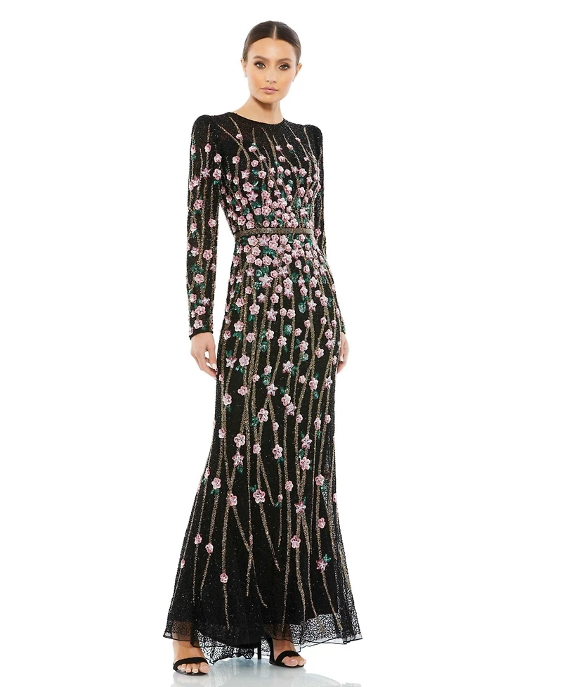 Mac Duggal Women's Floral Embellished Mesh Gown with High Neck & Sheer Long Sleeves