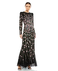 Mac Duggal Women's Floral Embellished Mesh Gown with High Neck & Sheer Long Sleeves