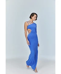 Jendue Us Women's Aurora One Shoulder Denim Maxi Dress - Elegant Blue Cutout Gown