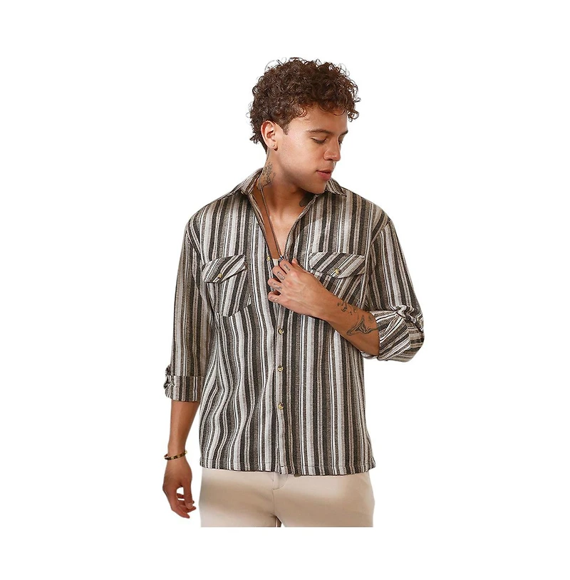 Campus Sutra Men's Taupe Brown & Sepia Brown Multitrack Striped Oversized Shirt