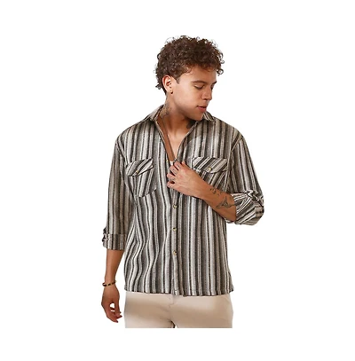 Campus Sutra Men's Taupe Brown & Sepia Brown Multitrack Striped Oversized Shirt