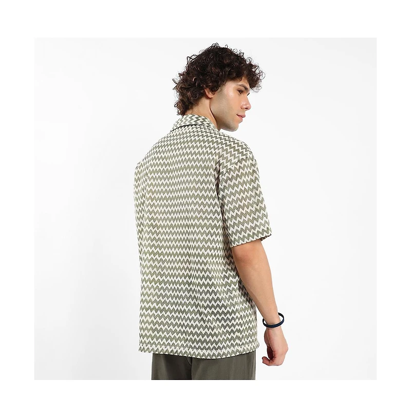 Campus Sutra Men's Olive Green & Powder White Chevron-Striped Oversized Shirt