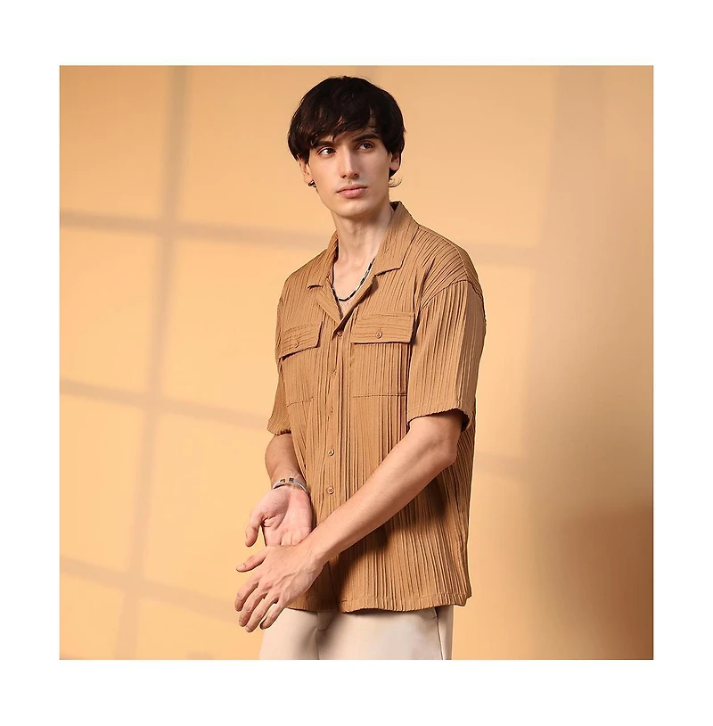 Campus Sutra Men's Camel Brown Tactile-Lined Oversized Shirt