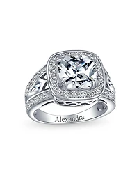 Bling Jewelry Art Deco Style 3CTW Cz Halo Cushion Cut Solitaire Promise Ring Sterling Silver Split Pave Cubic Zirconia Side Stone Filigree Band