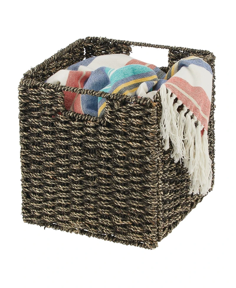 mDesign Seagrass Woven Cube Bin Basket Organizer, Handles, 4 Pack, Black Wash