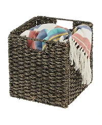 mDesign Seagrass Woven Cube Bin Basket Organizer, Handles, 4 Pack, Black Wash