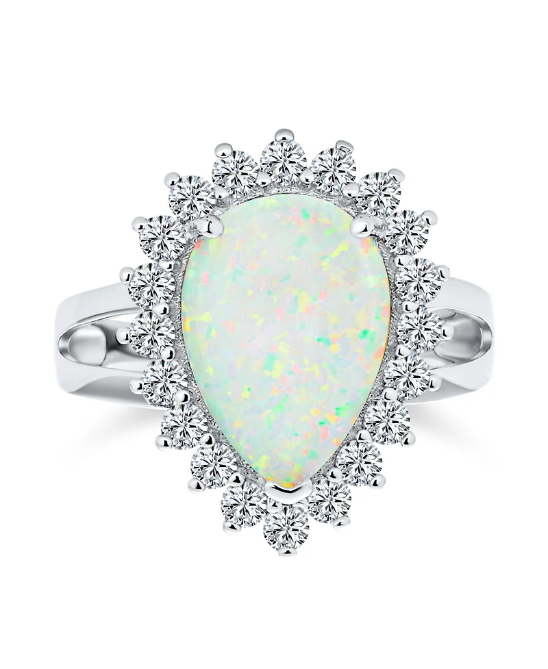 Bling Jewelry Created White Opal 10CT Halo Pear Shape Cocktail Statement Ring with Cathedral Setting Sterling Silver