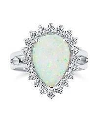 Bling Jewelry Created White Opal 10CT Halo Pear Shape Cocktail Statement Ring with Cathedral Setting Sterling Silver
