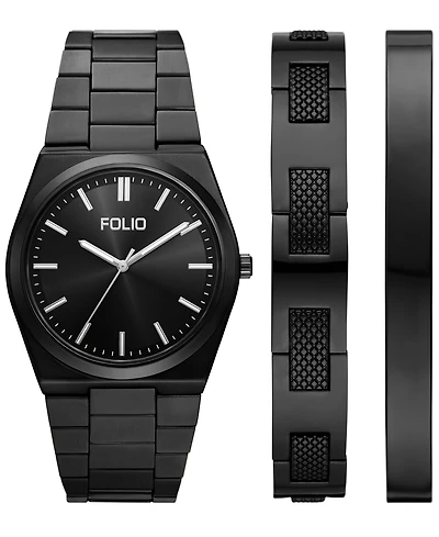 Folio Men's Quartz Three-Hand Black Alloy Watch Set, 42mm