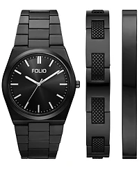 Folio Men's Quartz Three-Hand Black Alloy Watch Set, 42mm