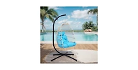 Flynama Blue Wicker Egg Hanging Chair with Stand and 350 lb Capacity