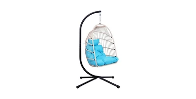 Flynama Blue Wicker Egg Hanging Chair with Stand and 350 lb Capacity