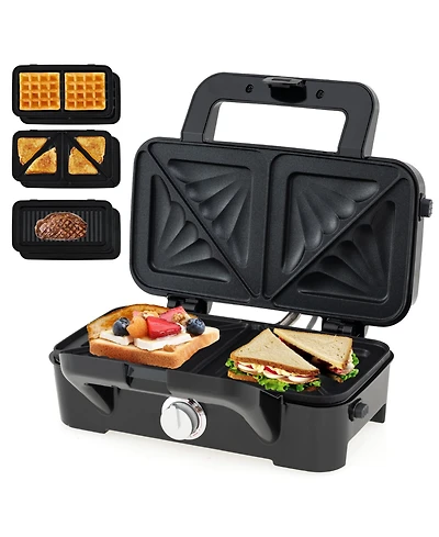 3 in 1 Waffle Iron Panini Press Grill and Sandwich Maker Set with Removable Non-Stick Plates & Portable Cool Touch Handle