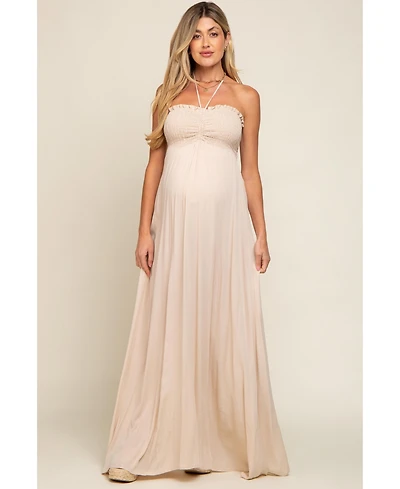 Pinkblush Maternity Beige Smocked Halter Maxi Dress