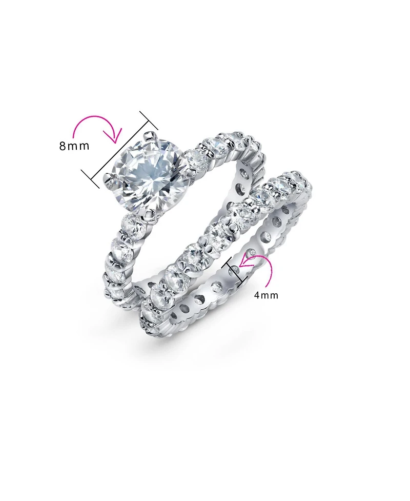 Bling Jewelry Sterling Silver 3CT Round Cz Solitaire & Cubic Zirconia Pave Eternity Band Ring Set – 6-Prong Design