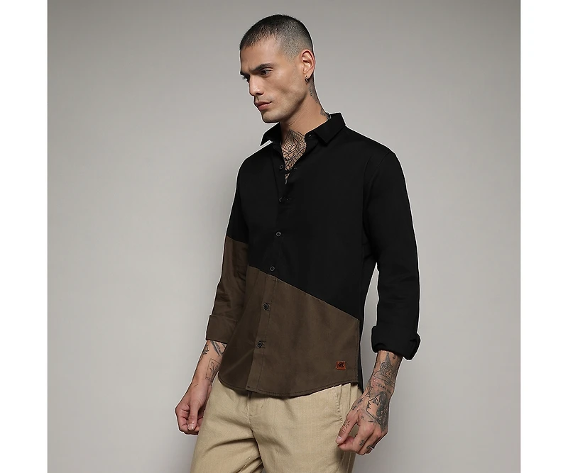 Campus Sutra Men's Black & Olive Green Contrast Panel Shirt