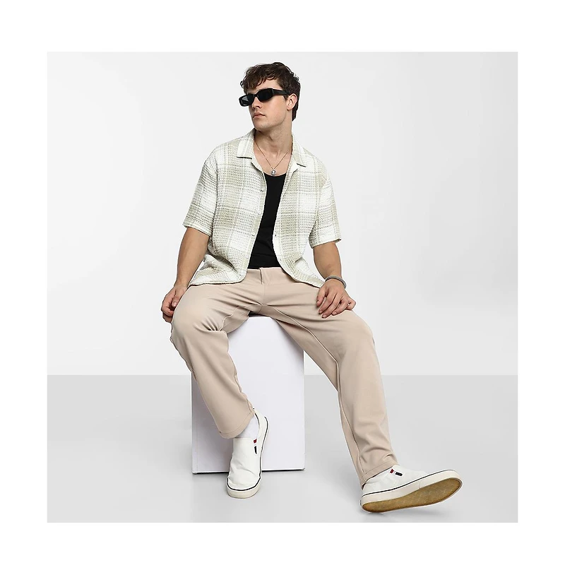 Campus Sutra Men's Greige & Ivory White Buffalo Check Oversized Shirt