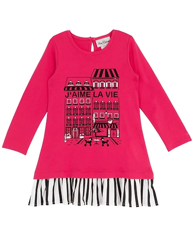 Rare Editions Little Girls Interlock Dress with Black & White Striped Hem