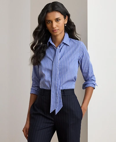Lauren Ralph Women's Classic Fit Striped Tie-Neck Shirt