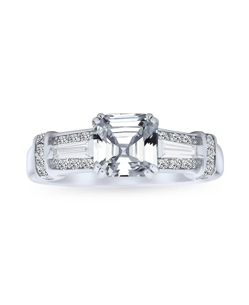 Bling Jewelry Art Deco Inspired 2CT Cubic Zirconia Square Asscher Cut Promise Ring Cz Baguettes Side Stone Sterling Silver