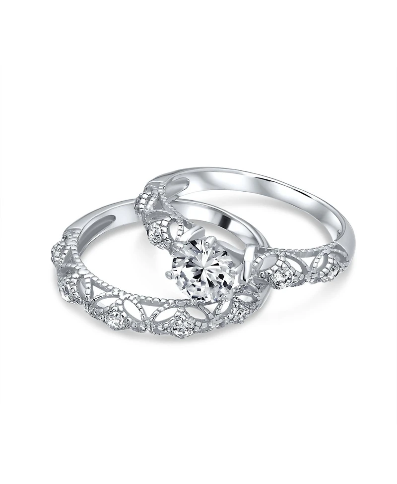 Bling Jewelry 1CT Round Cz Solitaire & Filigree Band Promise Ring Set in Sterling Silver