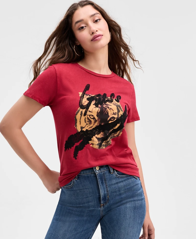 Guess Women's Cotton Tiger-Graphic Lace-Trim T-Shirt