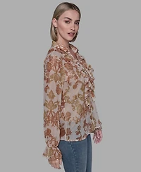 Karl Lagerfeld Paris Women's Printed Ruffled Long Sleeves Blouse