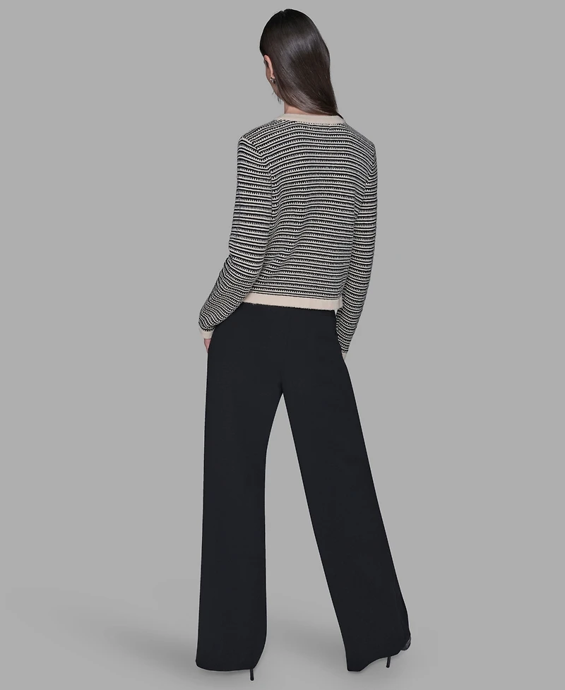 Karl Lagerfeld Paris Women's Striped Crewneck Cardigan Sweater
