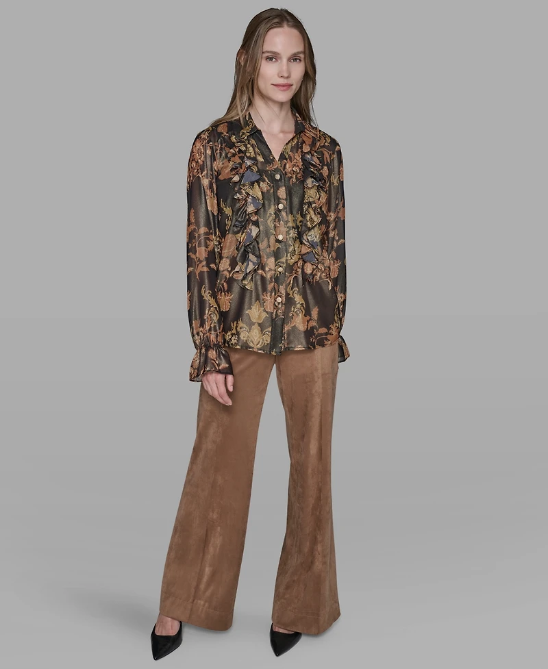 Karl Lagerfeld Paris Women's Printed Ruffled Long Sleeves Blouse