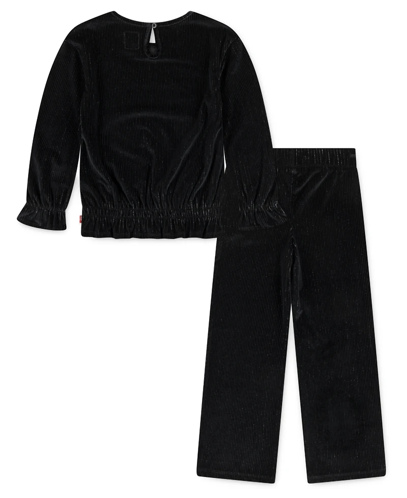Levi's Little Girls 2-Piece Long Sleeve Top and Wide Pants Velour Set