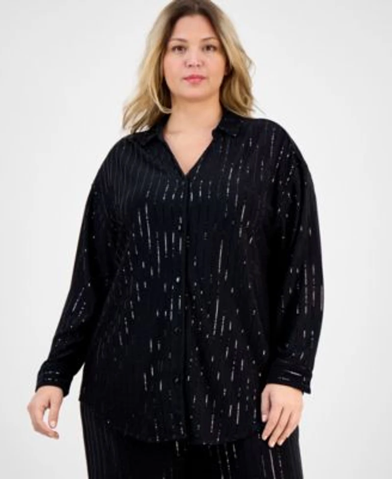 Anne Klein Plus Size Sequin Pinstripe Drop Shoulder Tunic Shirt Sequin Pinstripe High Rise Wide Leg Pants