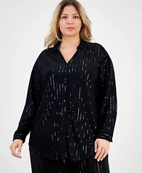 Anne Klein Plus Size Sequin Pinstripe Drop Shoulder Tunic Shirt Sequin Pinstripe High Rise Wide Leg Pants