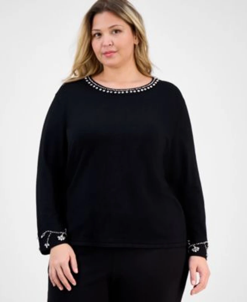 Anne Klein Plus Size Embellished Bracelet Sleeve Sweater Embellished High Rise Kick Flare Pants