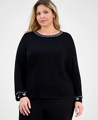 Anne Klein Plus Size Embellished Bracelet Sleeve Sweater Embellished High Rise Kick Flare Pants