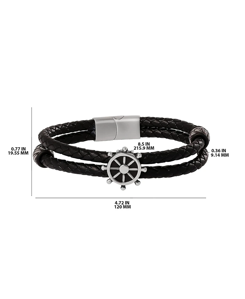 Lucky Brand Mens Nautical Wheel Black Braided Leather Bracelet