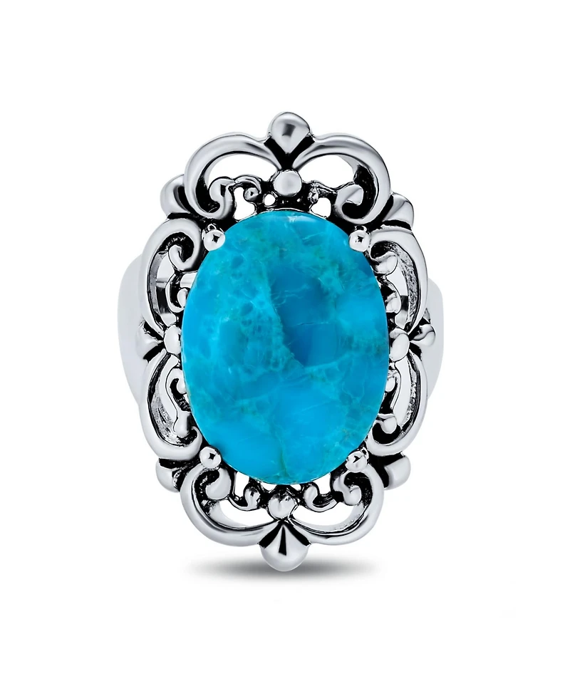 Bling Jewelry Western Style Filigree Oval Cabochon Full Finger Statement Blue Turquoise Ring Oxidized Sterling Silver