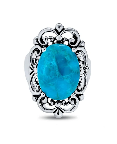 Bling Jewelry Western Style Filigree Oval Cabochon Full Finger Statement Blue Turquoise Ring Oxidized Sterling Silver