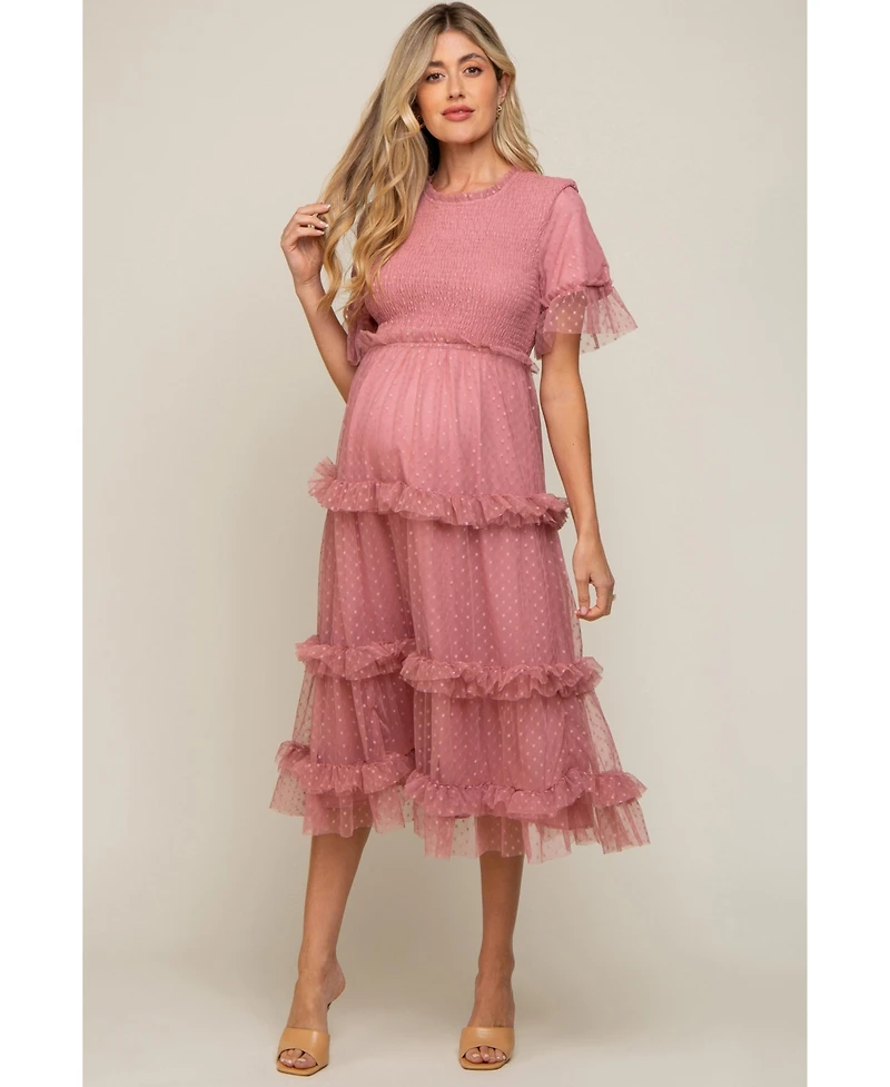 Pink Polka Dot Tulle Smocked Maternity Midi Dress