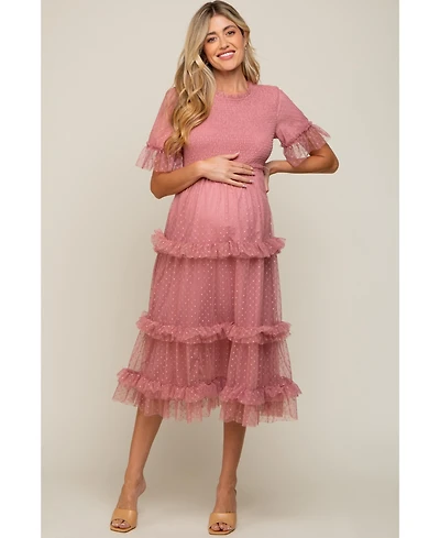 Pink Polka Dot Tulle Smocked Maternity Midi Dress