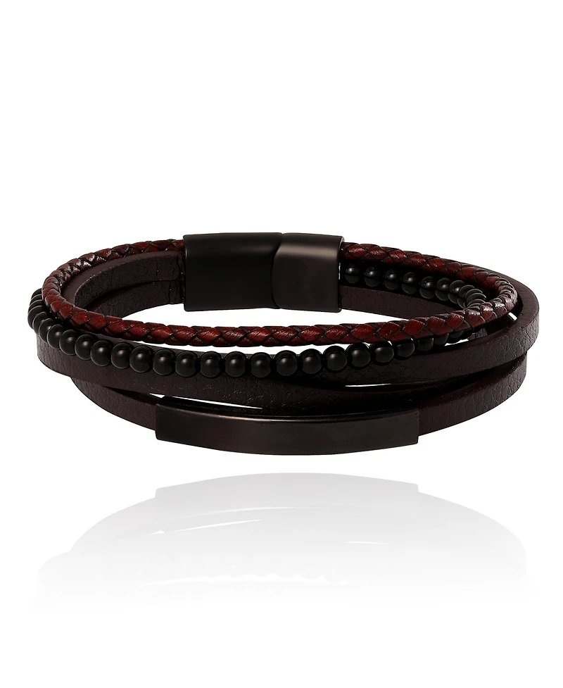 Lucky Brand Mens Multilayer Braided Leather and Bead Bracelet in Brown & Black