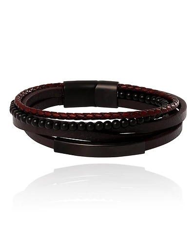 Lucky Brand Mens Multilayer Braided Leather and Bead Bracelet in Brown & Black