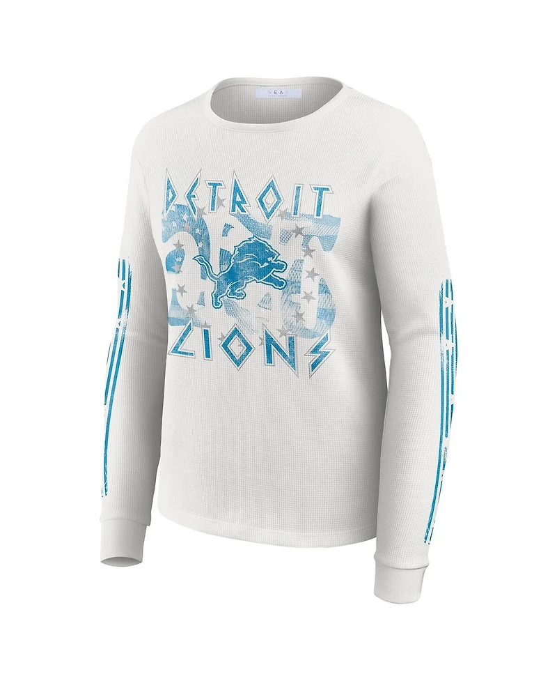 Wear by Erin Andrews Women's White Detroit Lions Graphic Waffle Long-Sleeve T-Shirt