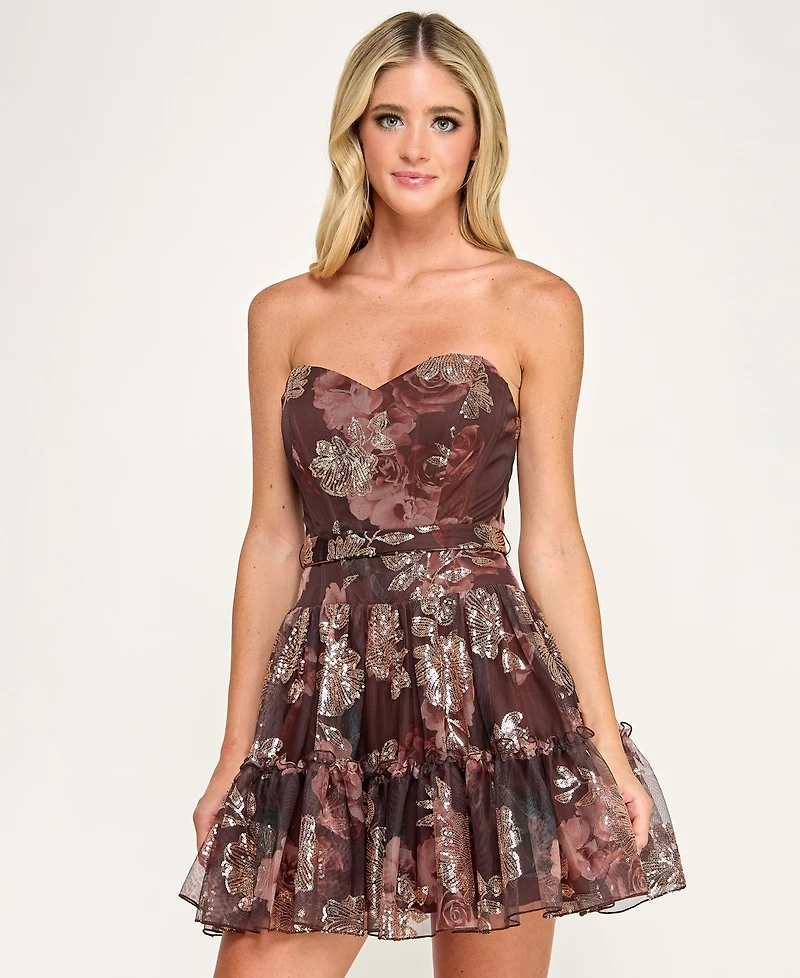 Seni & Cade Juniors' Strapless Sequin Printed Corset Dress