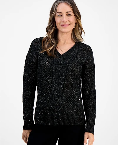 Style & Co Petite Sequin Cable-Knit Sweater, Macy's Exclusive