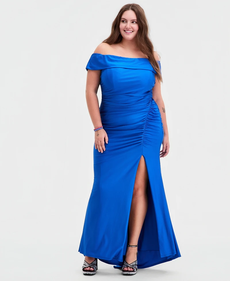 B Darlin Trendy Plus Off-The Shoulder Ruched Gown, Created for Macy's